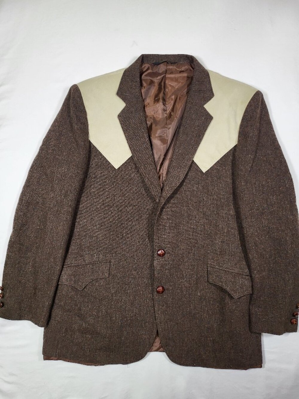 VTG Mesquite Western Wear Brown Tweed Blazer Suede Yoke Sport Coat USA 44R